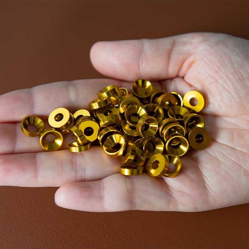 Lagefefe [60PCS] M4 Finishing Countersunk Washers, Anodized Aluminum Alloy, Head Washers Gaskets Cup Shim for Screw RC/FPV/PC/Drone/Mechanical Accessories Parts, Golden Color - Image 2
